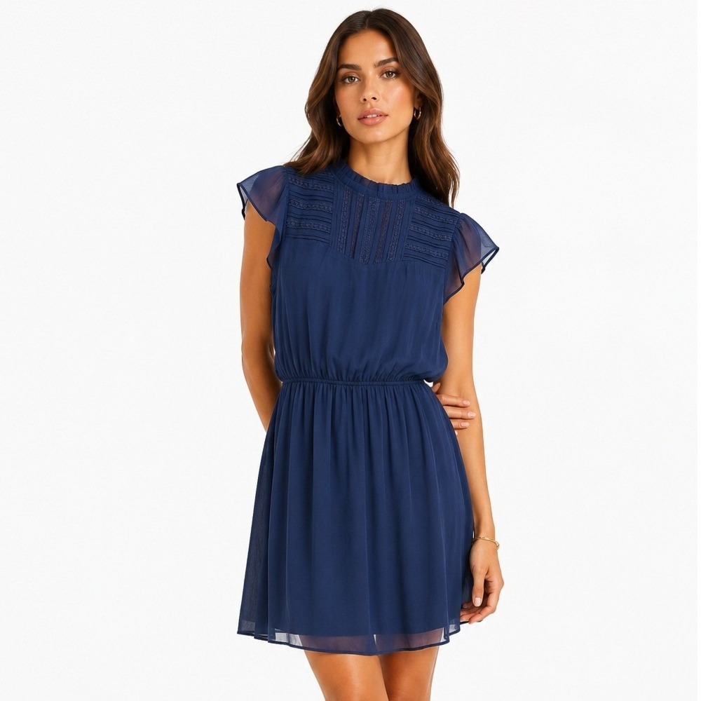Daniel Rainn Ella Chiffon Flounce Hem Dress Navy Blue Small NWT
